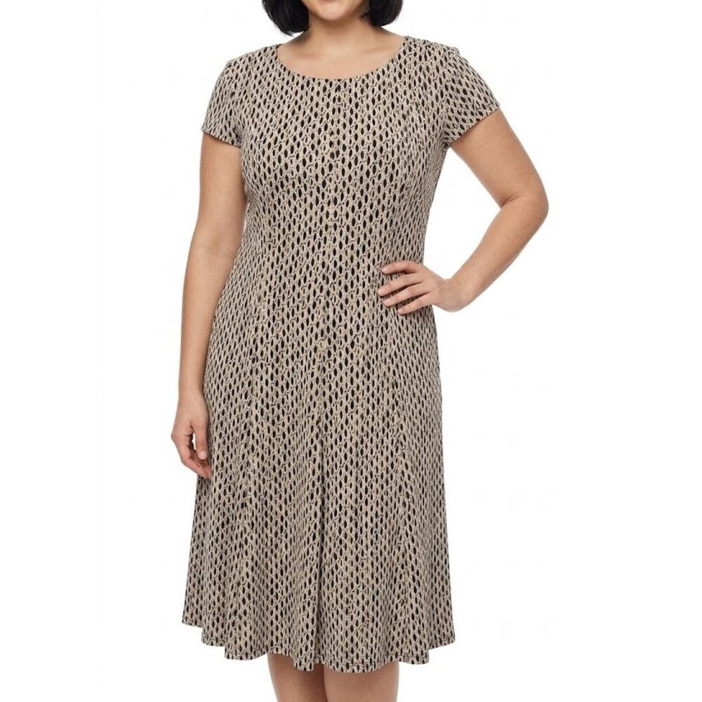 Jessica Howard Fit and Flare Dress Women's Size 16 Tan Black Geometric Midi
